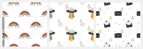 A set of seamless patterns on the LGBTQ theme. Vector illustration with LGBTQ symbols. Rainbow stickers, digital paper, wrapping paper. Happy pride - background.