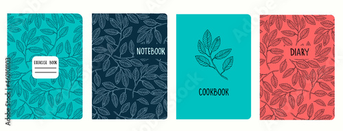 Cover page vector templates based on patterns with hand drawn elm tree branches. Backgrounds for notebooks, notepads, diaries. Headers isolated and replaceable