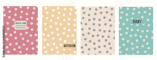 Set of cover page templates based on rustic polka-dot pastel seamless patterns. Headers isolated and replaceable. Perfect for notepads, diaries, alboms for kids