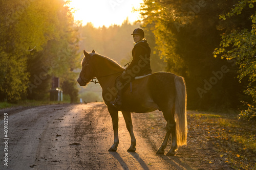 Woman horseback rides on the country road at sunset