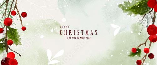 Christmas decoration holly leaves watercolor background