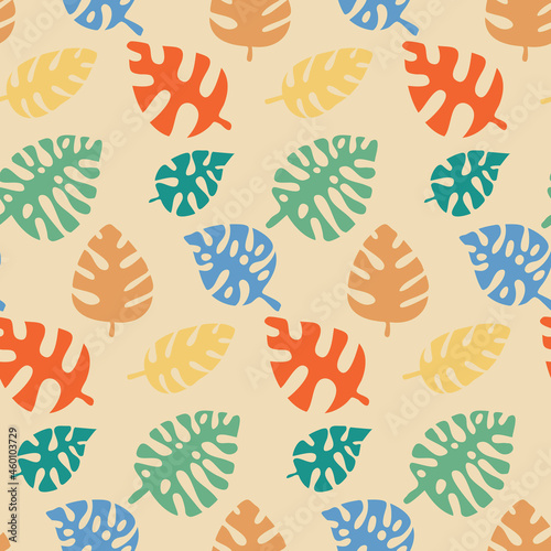 Monstera seamless pattern, childish tropical leaf funny cute, vector