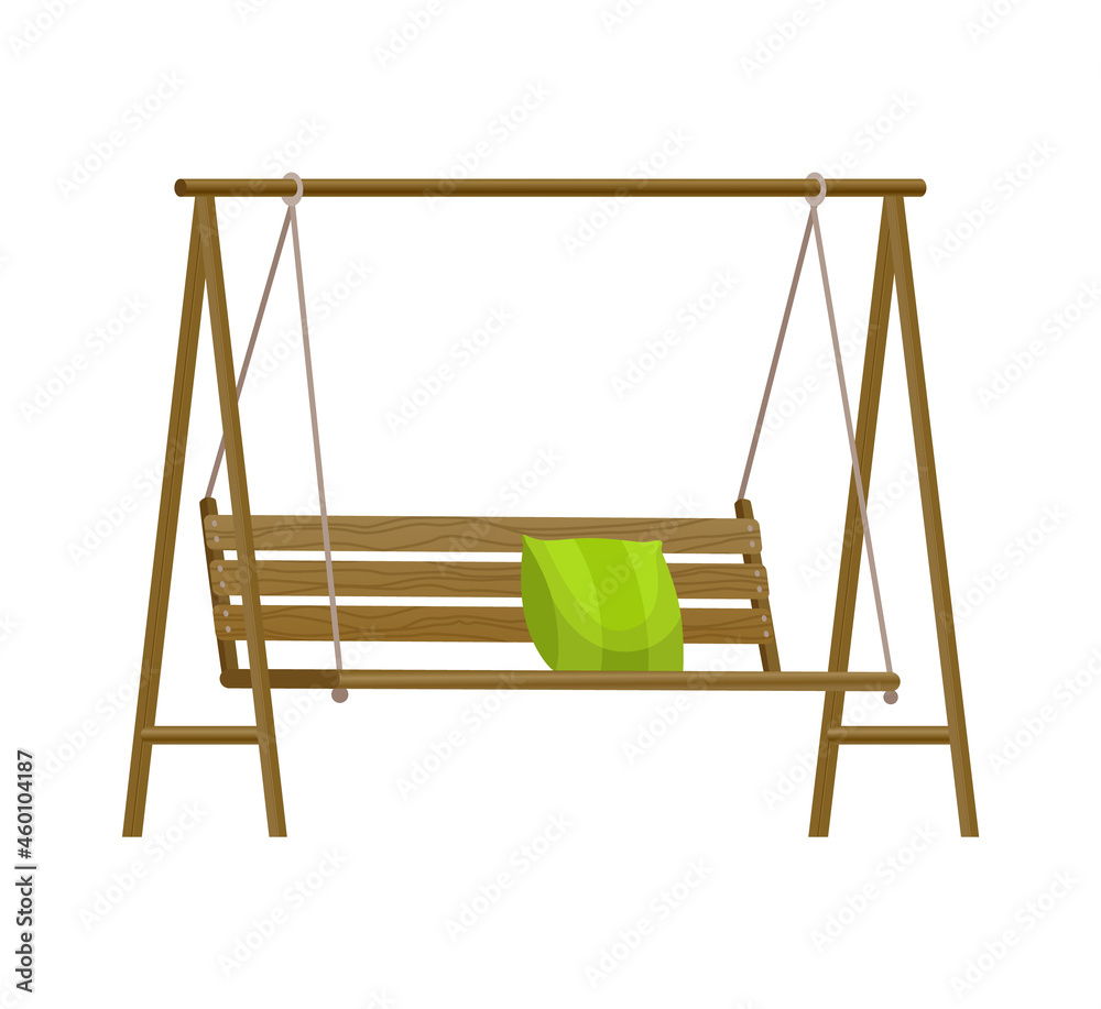 Garden swing bench. Classic outdoor garden wooden hanging furniture with green pillow. Wooden porch swing hanging on frame with ropes. Patio element for relax Garden swing bench. Classic outdoor garden wooden hanging furniture with green pillow. Wooden porch swing hanging on frame with ropes. Patio element for relax