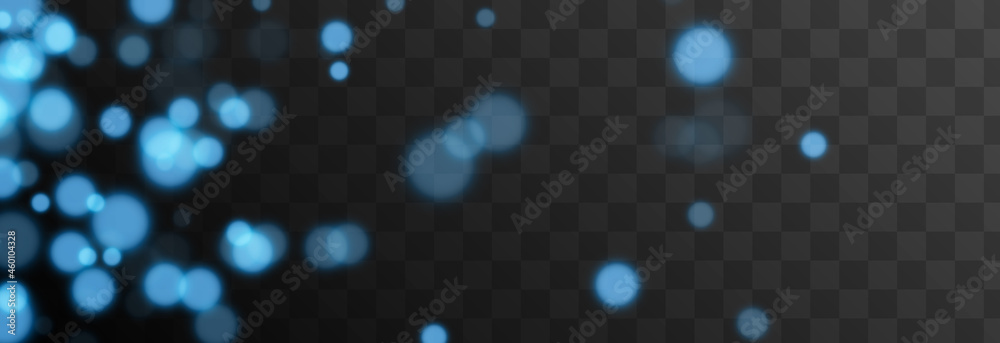 Blue bokeh on isolated transparent background. Light effect png, blurred bokeh png, christmas background. Magic glow, radiance.