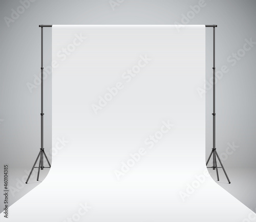 White photo studio backdrop, realistic vector illustration. Photography polyester background hanging on black stands. Professional photo shooting setup standing on a grey background. photo