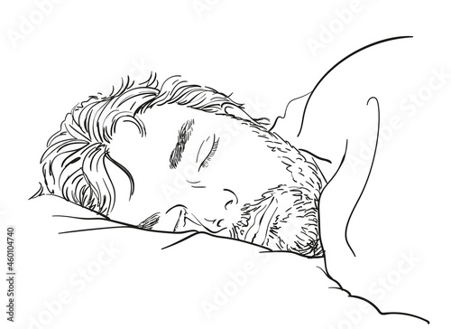Sketch of sleeping handsome bearded man, Hand drawn vector linear illustration