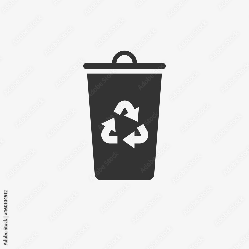 Black isolated icon of trash can on white background. Silhouette of bin for trash. Black isolated icon of trash can on white background. Silhouette of bin for trash.