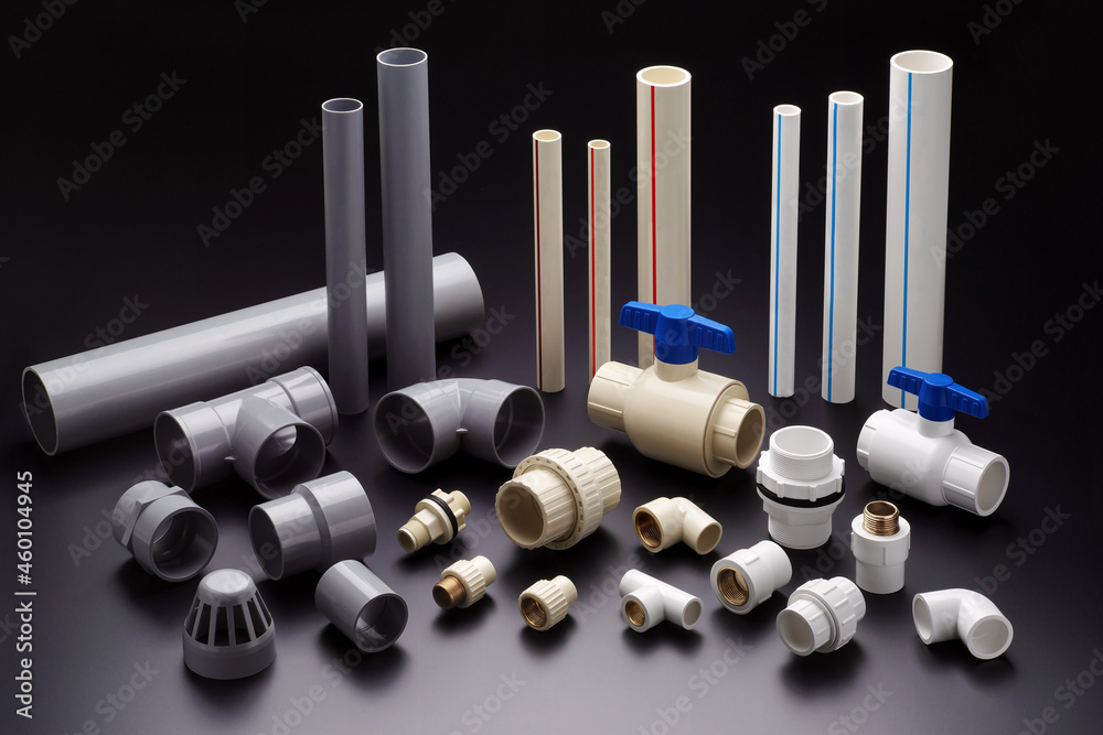 UPVC CPVC Fittings for polypropylene pipes. Elements for pipelines. plastic  piping elements. They are designed for connecting pipes. Concept sale of polypropylene  fittings. Photos | Adobe Stock