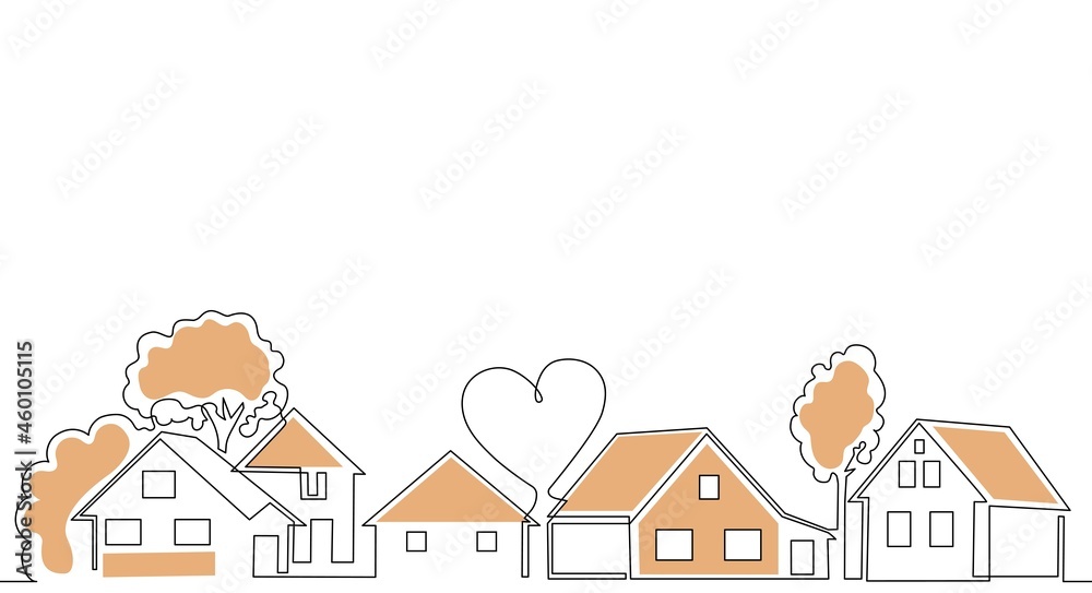 Horizontal Seamless Pattern with Houses, trees, Heart and empty space for text. One line drawing style. Vector illustration. Can be yoused as element for background, cover, banner, flyer, social media