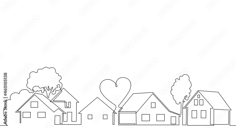 Horizontal Pattern with Houses, trees, Heart and empty space for text. One line drawing style. Vector illustration. Can be yoused as element for background, cover, banner, flyer, social media.