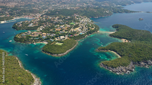 Fototapeta Naklejka Na Ścianę i Meble -  Aerial drone photo of iconic Sivota complex islands consisting of Mourtos island, Mourtemeno and Agios Nikolaos with turquoise clear sandy beaches and popular resorts, Thesprotia, Epirus, Greece