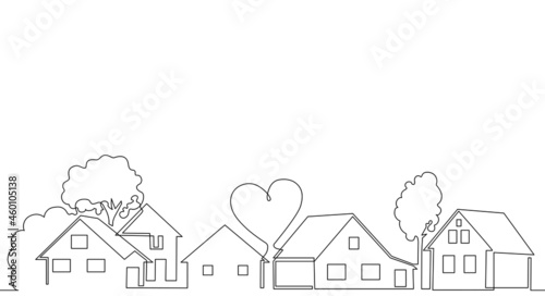 Horizontal Pattern with Houses, trees, Heart and empty space for text. One line drawing style. Vector illustration. Can be yoused as element for background, cover, banner, flyer, social media.