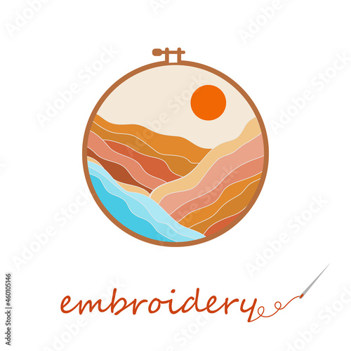 Embroidering landscape mountains and sunset in embroidery hoop on a white background. Vector logo for a embroidery shop or embroidery courses.