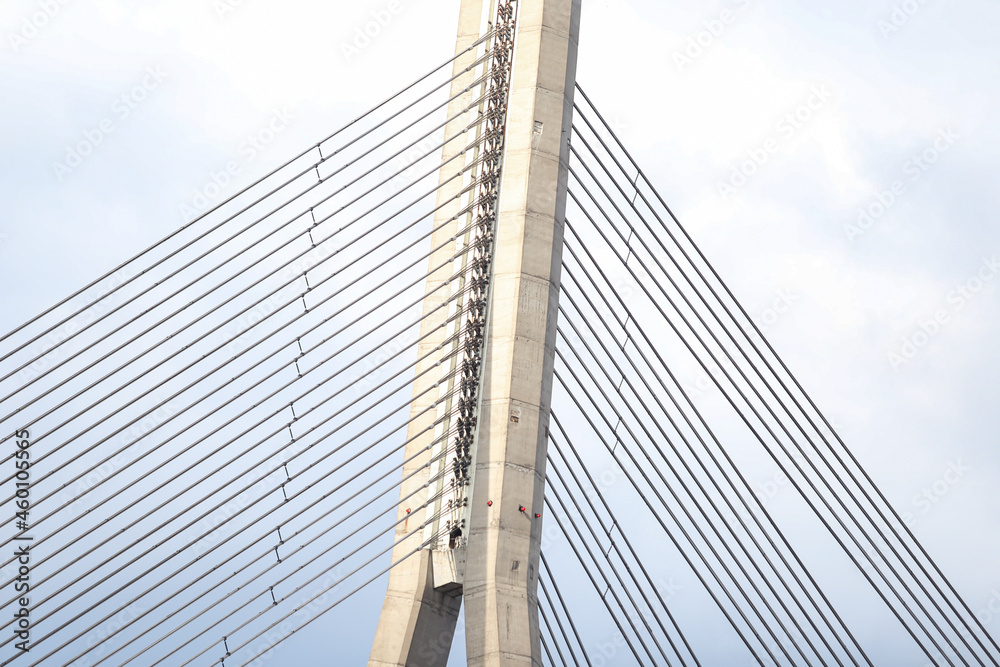 Close-up details of Latvia capital city Riga main large suspension bridge. Close-up details of Latvia capital city Riga main large suspension bridge.