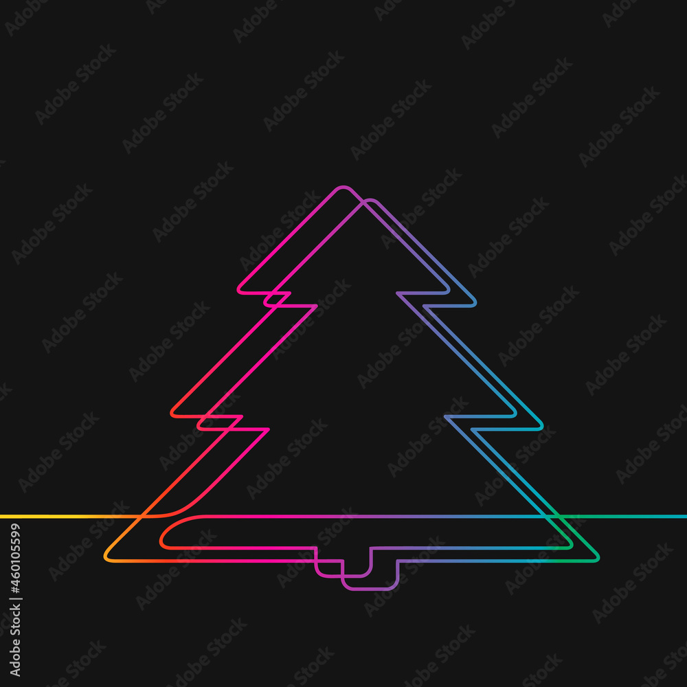 One line drawing of christmas tree, Rainbow colors on black background vector minimalistic linear illustration made of continuous line One line drawing of christmas tree, Rainbow colors on black background vector minimalistic linear illustration made of continuous line