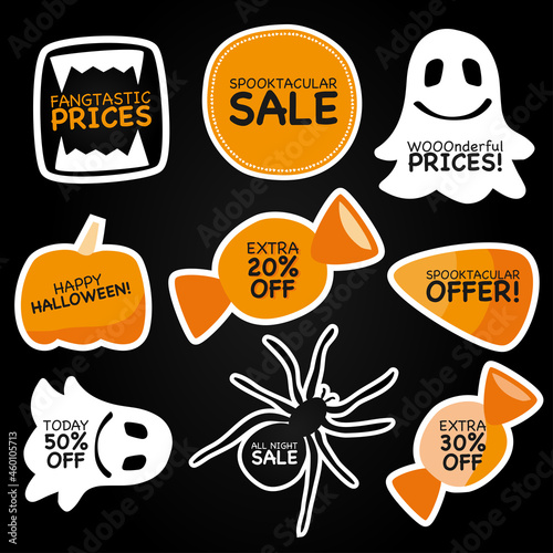 Halloween sale offer vector graphic. Sticker clipart set with word play promotional text. Cute ghost, vampire teeth, spider, pumpkin and candy corn treats clip art to use for business advertisement.