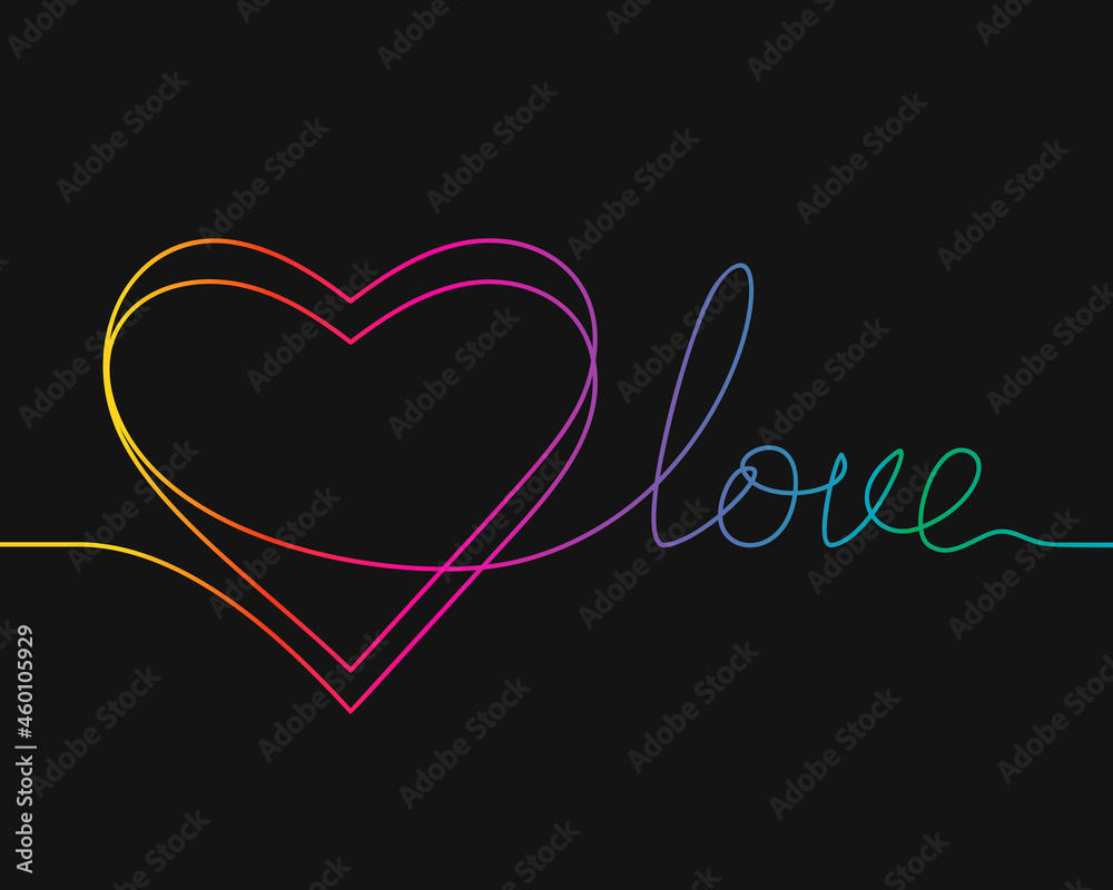 One line drawing of heart and word LOVE, Rainbow colors on black background vector minimalistic linear illustration of love concept made of continuous line One line drawing of heart and word LOVE, Rainbow colors on black background vector minimalistic linear illustration of love concept made of continuous line