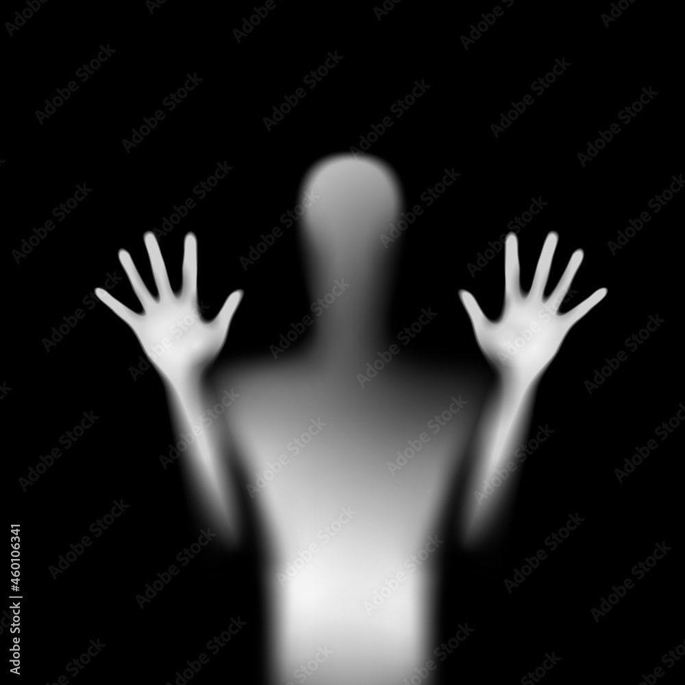 Shadow Blur of Horror Man Behind the Matte Glass. Blurry Hand, Body Figure Abstraction, and Two Palms. The Reflection of the Silhouette Through the Light. Illustration on Black Background