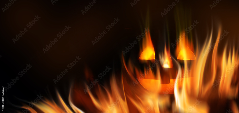 Dark abstract Halloween background. A fiery pumpkin head on a black background in a burning fire. 3d illustration Dark abstract Halloween background. A fiery pumpkin head on a black background in a burning fire. 3d illustration