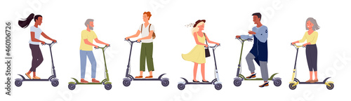 People on electric scooter set, alternative eco city transport vector illustration. Cartoon man woman characters ride modern motor electric scooters, young elderly riders collection isolated on white