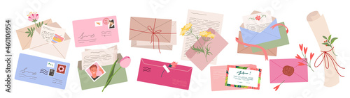 Cartoon retro envelopes with postage stamp, postal invitation, travel postcard and hand written calligraphy document isolated on white. Vintage envelope with mail paper letter set vector illustration