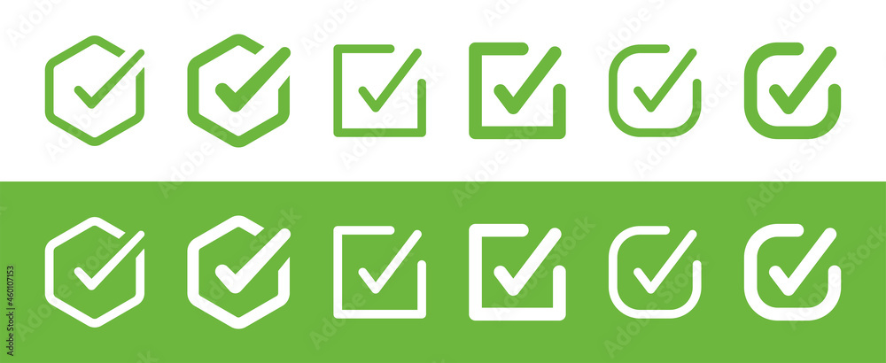 Green check mark icon set. Tick or checkmark symbol collection.