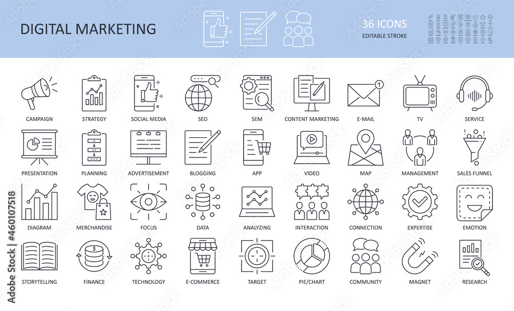 Digital marketing linear icons. Editable stroke. Campaign to promote focus search engine TV e-mail management planning presentation. Social media advertisement strategy typescript service merchandise - obrazy, fototapety, plakaty 