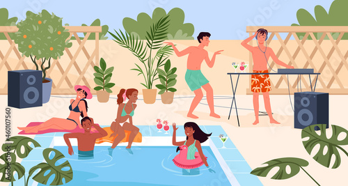 Cartoon group of young man woman characters in swimsuit listen to fun music, girls in bikini swimming in water, summertime vacation background. Summer pool party with people