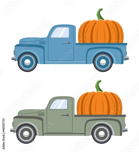 vector vintage pickup truck delivery of pumpkin for thanksgiving day