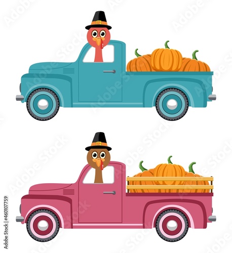 vector vintage pickup truck delivery of pumpkins and turkey for thanksgiving day