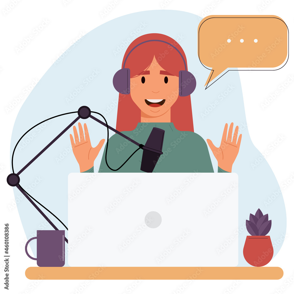Cartoon smiling woman is recording an audio podcast.Interview, podcast, online show.Concept of Online Podcasting.Vector flat illustration