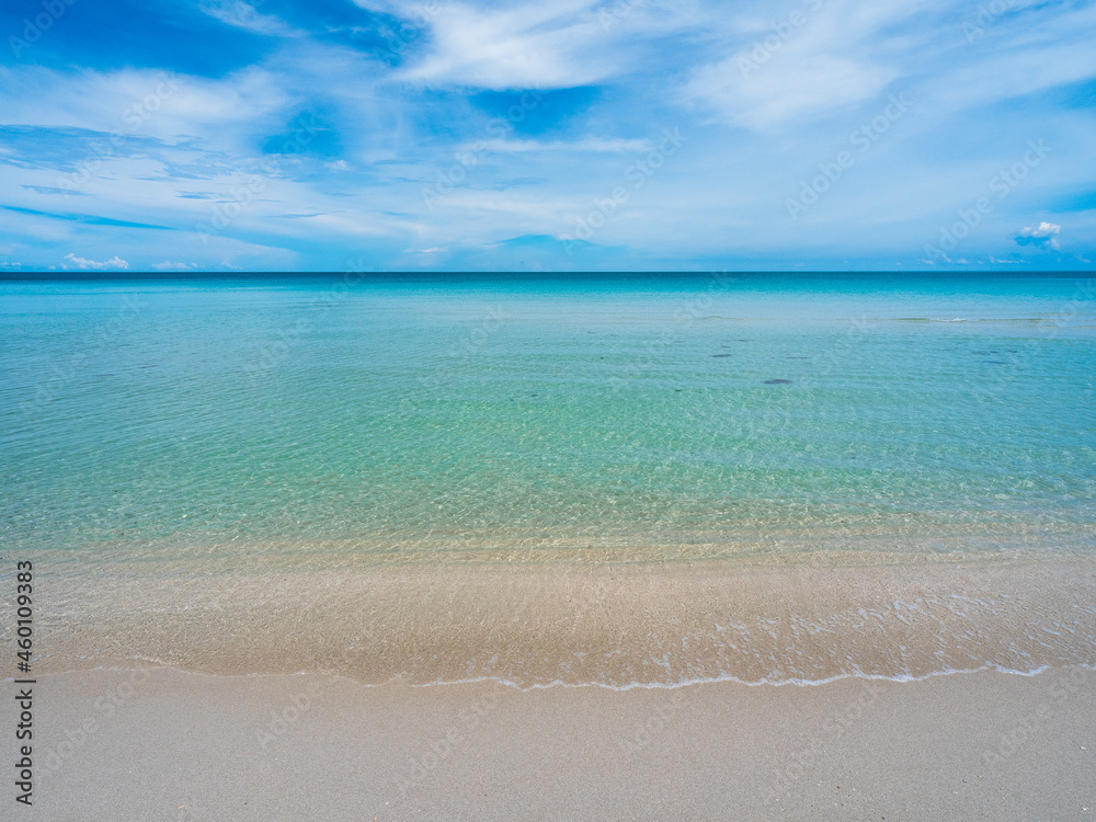 Chaweng Beach, Koh Samui Island, Thailand. Scenic view of peaceful white sand beach with crystal clear turquoise sea water against summer blue sky. Minimal background with copy space. Chaweng Beach, Koh Samui Island, Thailand. Scenic view of peaceful white sand beach with crystal clear turquoise sea water against summer blue sky. Minimal background with copy space.