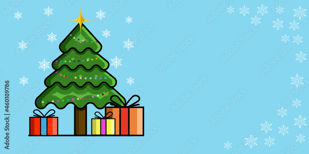 Naklejka premium vector image of Christmas tree with snowflakes and Christmas gifts, ideal for postcards, gifts presentations, banners and cartoons.