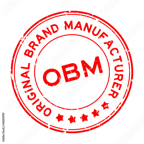 Grunge red OBM Original Brand Manufacturer word round rubber seal stamp on white background photo