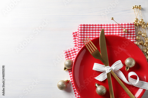 New Year table setting on white wooden table
