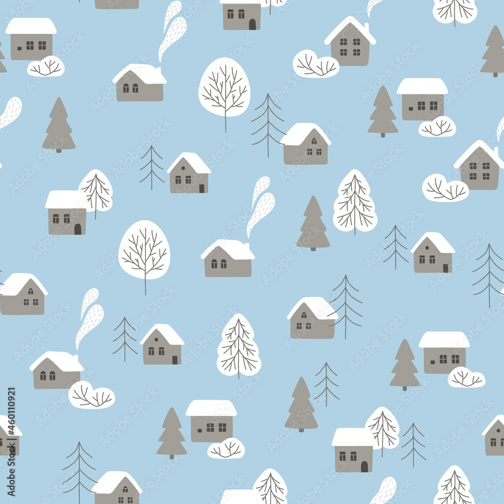 Winter vector seamless pattern with houses and trees in the forest ...