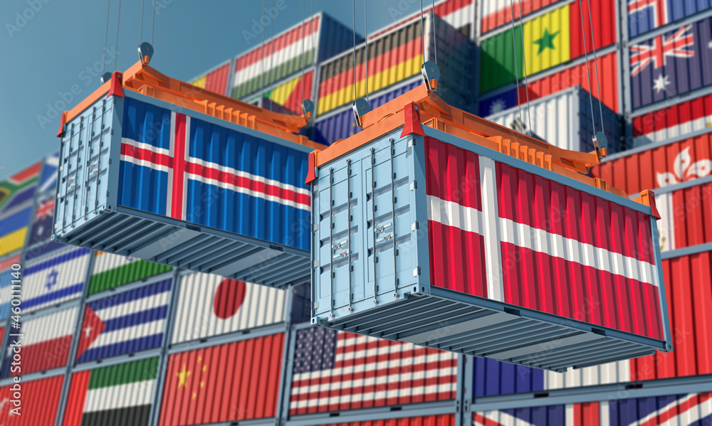 Freight containers with Denmark and Iceland national flags. 3D Rendering 