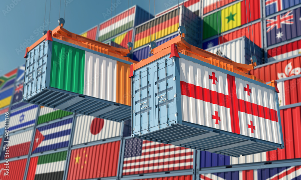 Freight containers with Georgia and Ireland national flags. 3D Rendering 