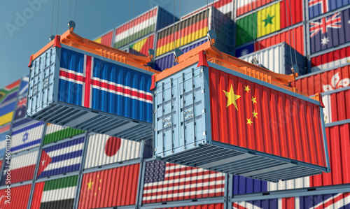 Freight containers with China and Iceland national flags. 3D Rendering 