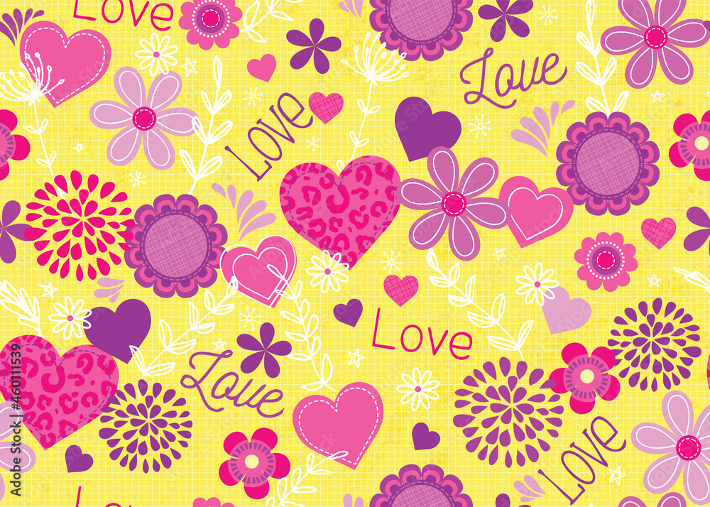 Happy and bright repeating vector pattern on cheerful yellow background. Seamless vector patterns are great for backgrounds, wallpapers, and surface designs.