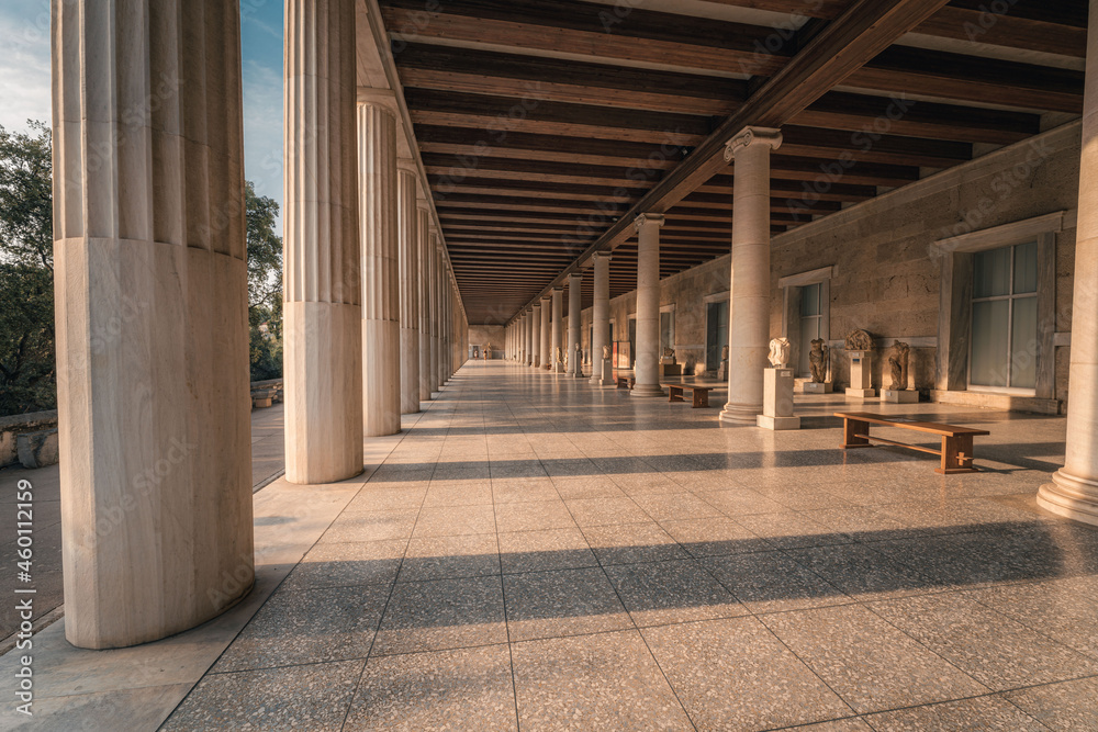 The column and statues at Stoa of Attalos, in Ancient Agora of Athens