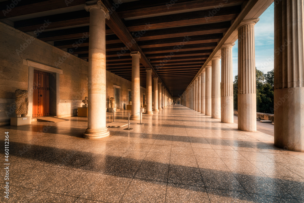 The column and statues at Stoa of Attalos, in Ancient Agora of Athens