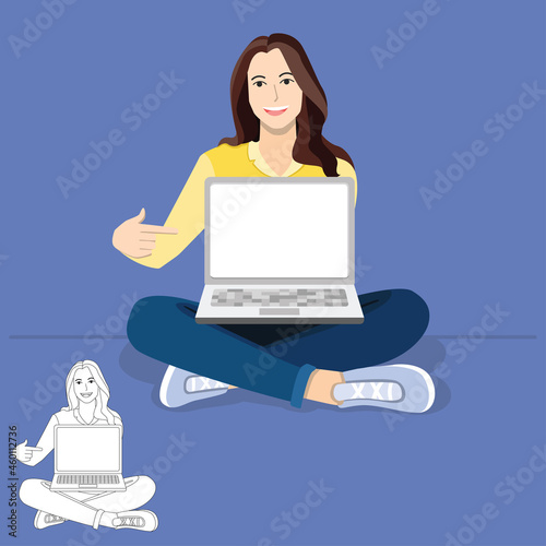Beautiful cheerful young businesswoman working on laptop. Online education, Lady multitasking business busy, businesswoman manager Flat vector illustration