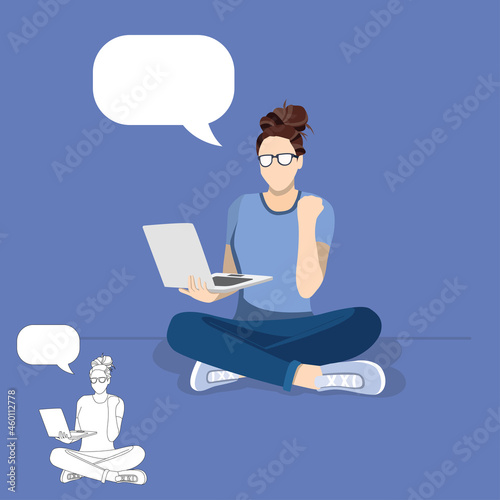 Beautiful cheerful young businesswoman working on laptop and thinking idea. Online education, Lady multitasking business busy, businesswoman manager Flat vector illustration