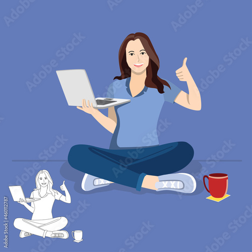 Beautiful cheerful young businesswoman working on laptop. Online education, Lady multitasking business busy, businesswoman manager Flat vector illustration