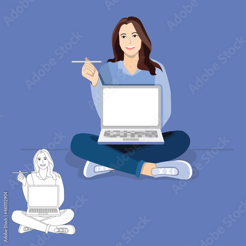 Beautiful cheerful young businesswoman working on laptop. Online education, Lady multitasking business busy, businesswoman manager Flat vector illustration