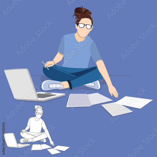 Beautiful cheerful young businesswoman working hard on laptop and papers. Online education, Lady multitasking business busy, businesswoman manager Flat vector illustration