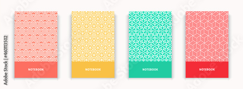 Collection 4 geometric geometry notebook cover design page repeat pattern, white lines on orange yellow green red background
