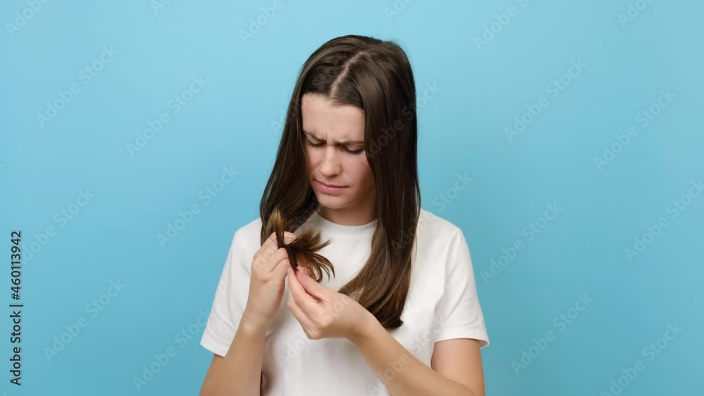 Depressed young woman brushing looking at split ends, isolated over blue studio background. Worried sad girl feels upset about brittle damaged dry hair loss concept. Female hormone problems concept Depressed young woman brushing looking at split ends, isolated over blue studio background. Worried sad girl feels upset about brittle damaged dry hair loss concept. Female hormone problems concept