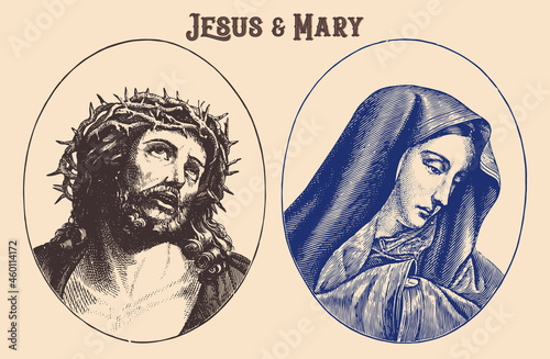 Jesus and Mary vintage vector engraving. Taken from a vintage Catholic Prayer Book 1891 
